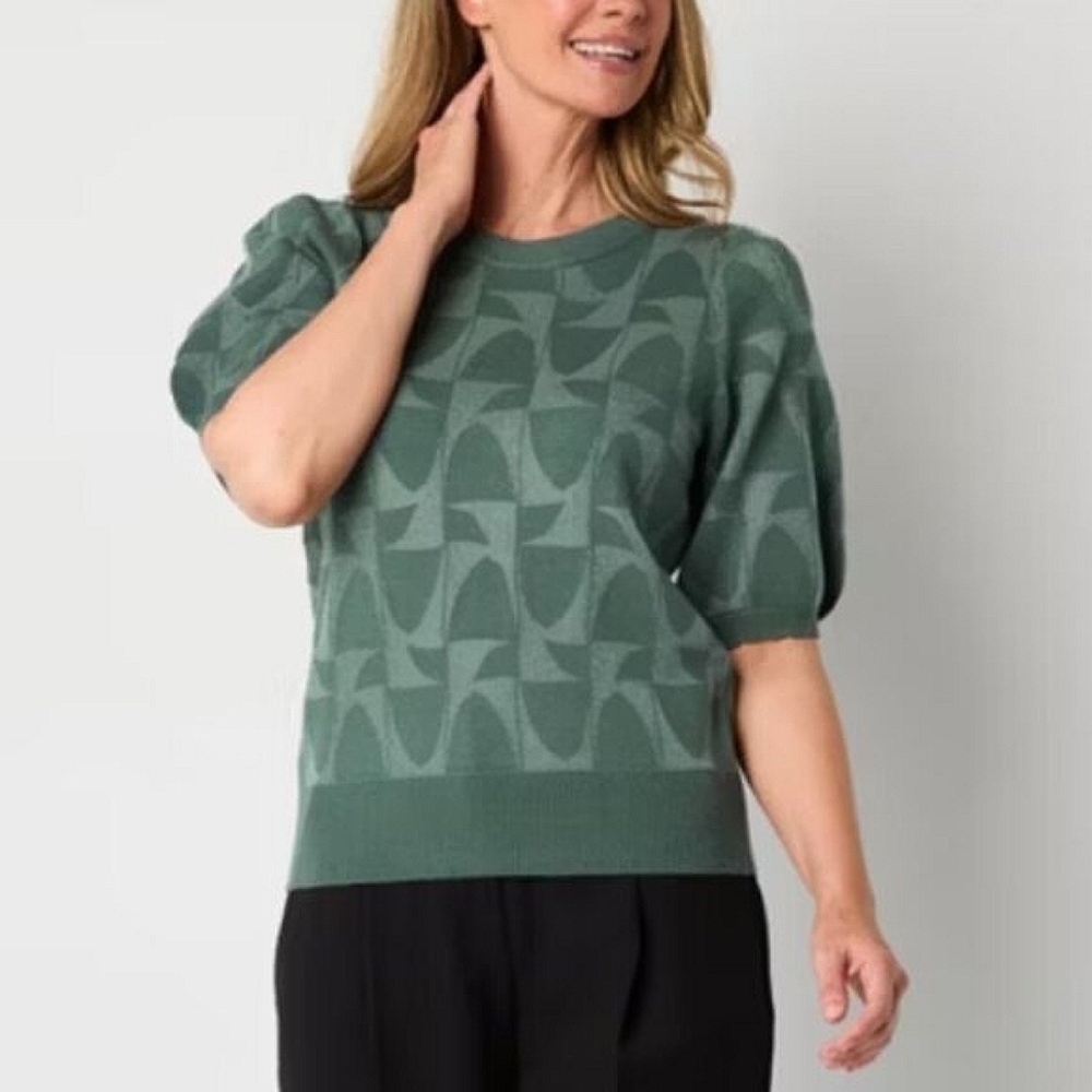 Liz Claiborne Shimmer Knit Sweater - NWT - Women's Size S - Green Geometric Prin